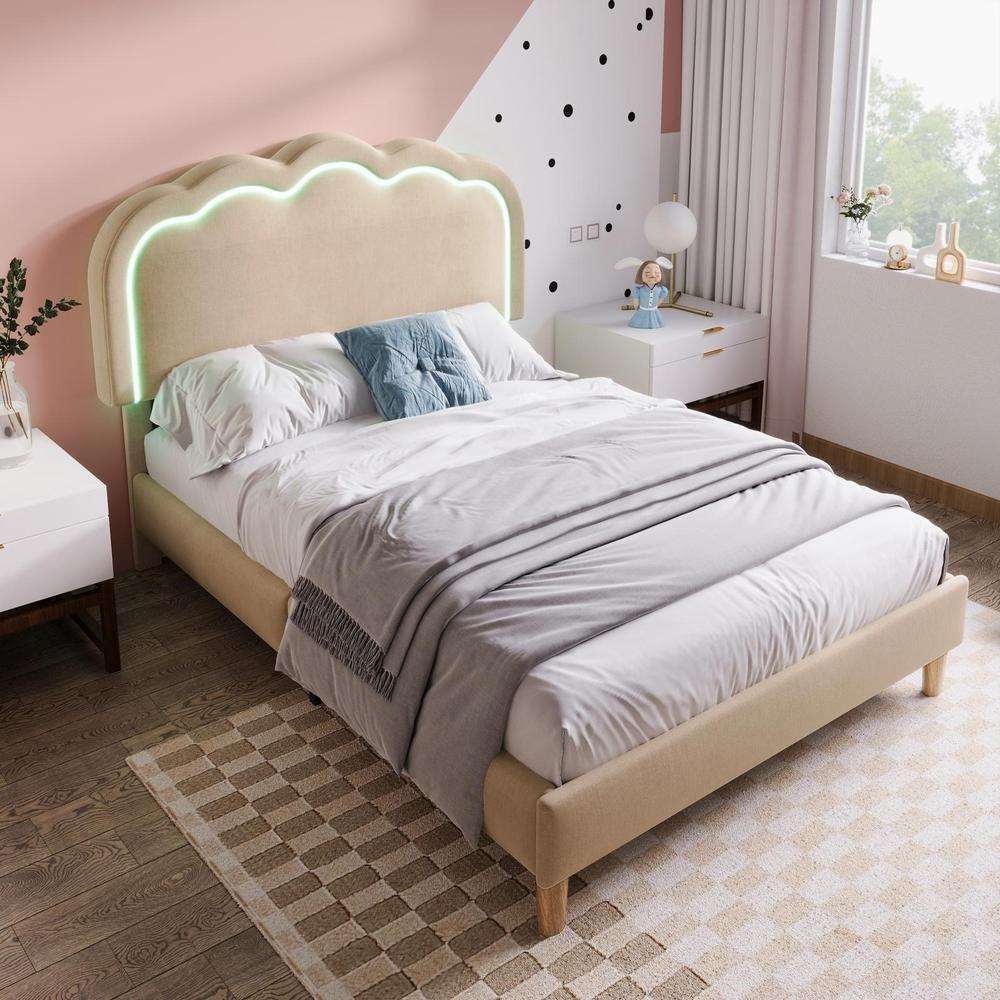 Cama individual 90x200cm beige con cabecero LED
