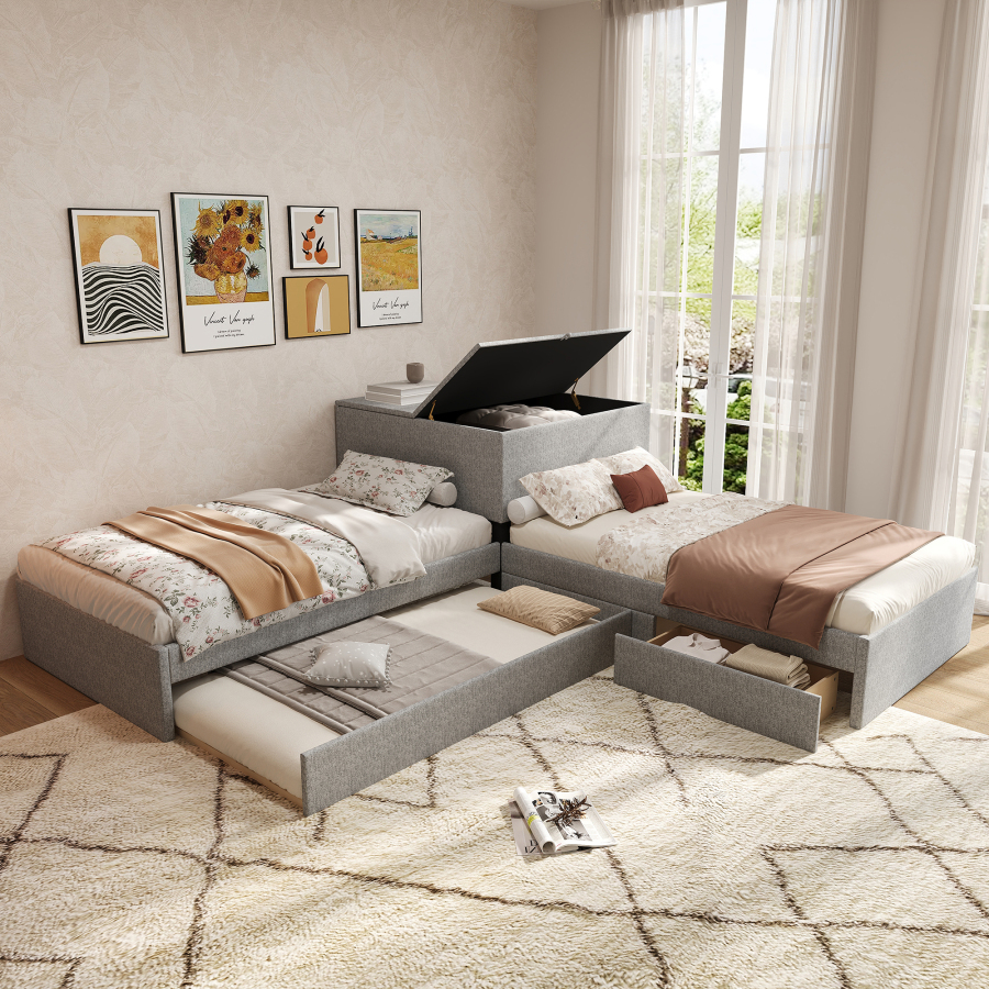 Cama tapizada esquinera 90x200 cm con cama nido y cajones lino – gris