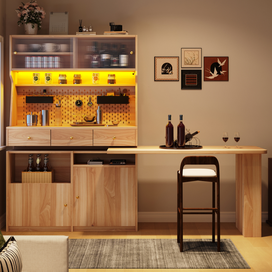 Armario alto con escritorio y mesa bar natural 177,7x137x74cm