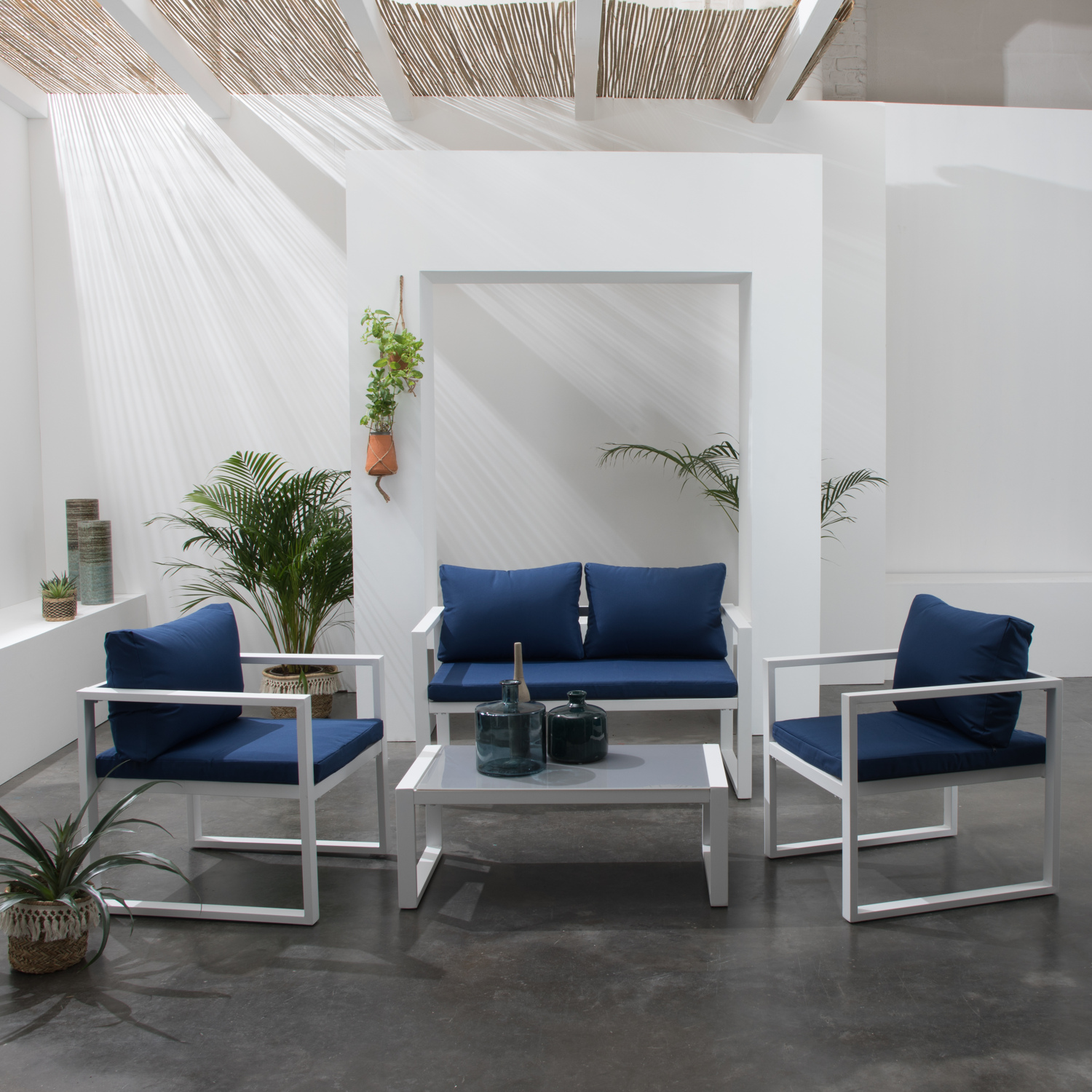 Conjunto de jardín ibiza tela azul 4 plazas aluminio blanco
