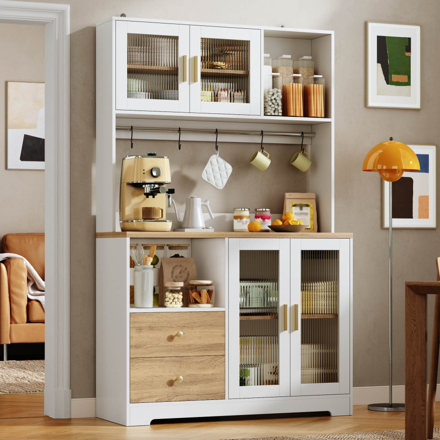 Armario alto de cocina con vitrina y enchufe blanco natural 178x110x40cm