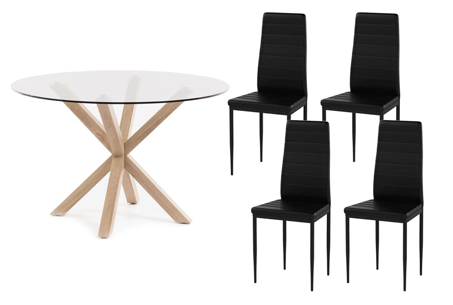Pack mesa redonda de cristal templado + 4 sillas polipiel/metal negro