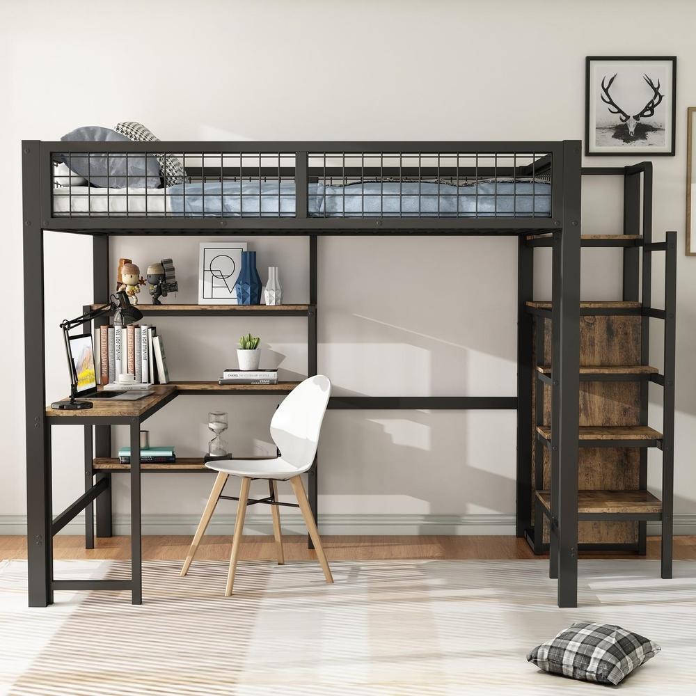 Cama alta 140x200 cm negra y marrón, escritorio, escalera, armario