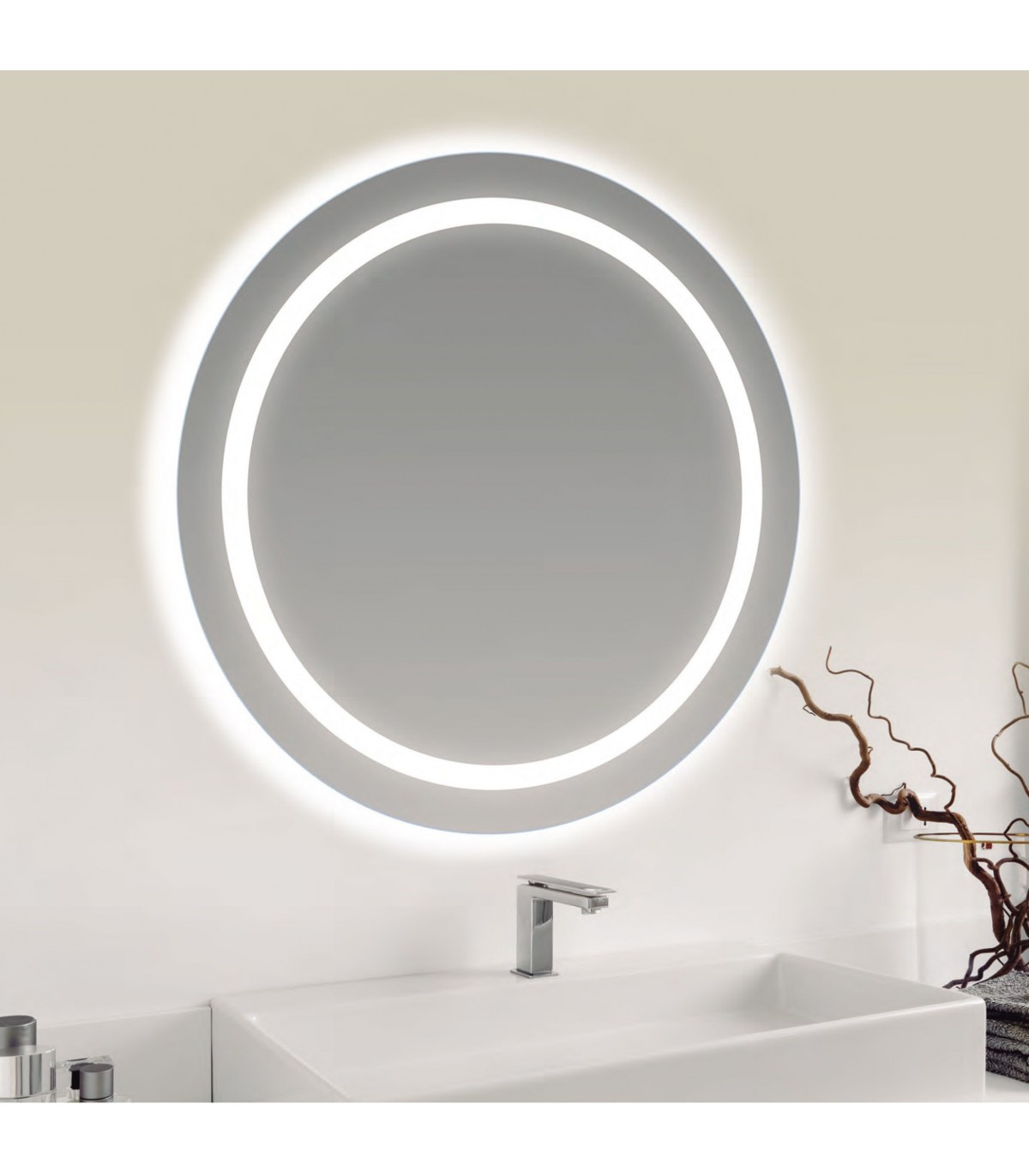 Espejo de baño LED redondo b-920 con luz frontal fría – ø 80 cm