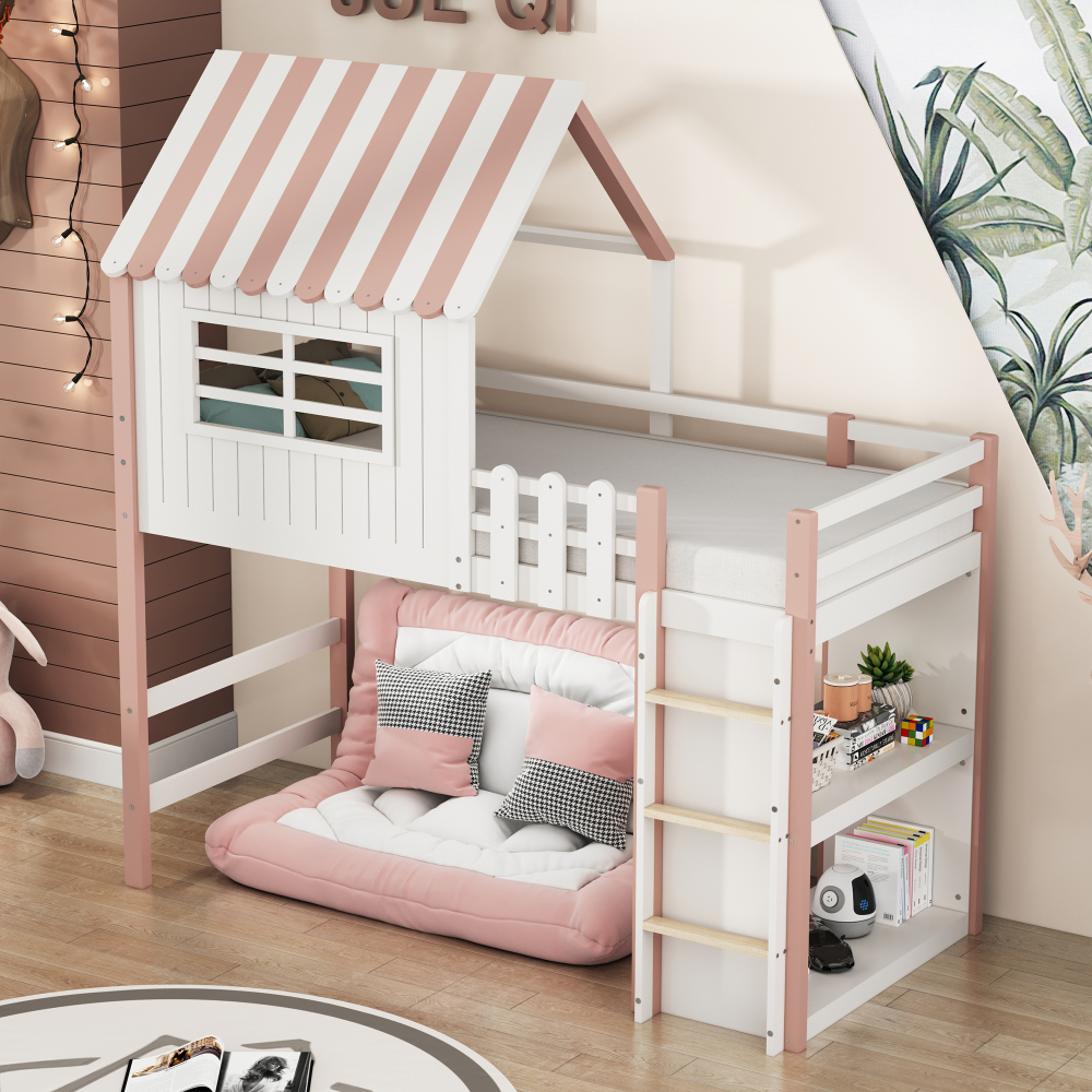Cama alta 90x200cm con escalera con estante madera maciza y mdf – rosa