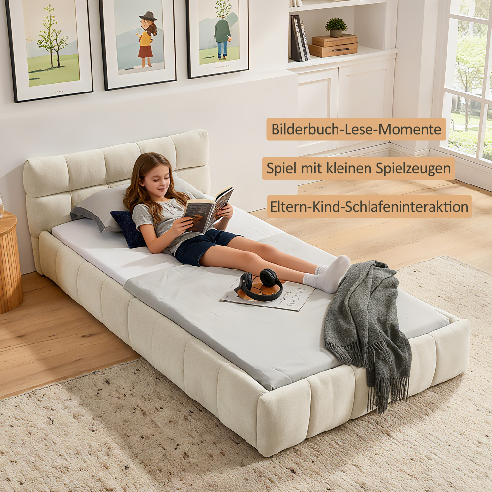 Cama tapizada 90x200cm con estructura resistente chenilla – beige