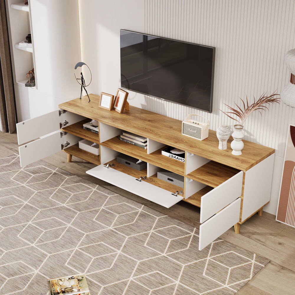 Mueble de tv para salón 4 puertas blanco y madera 51x175x37cm