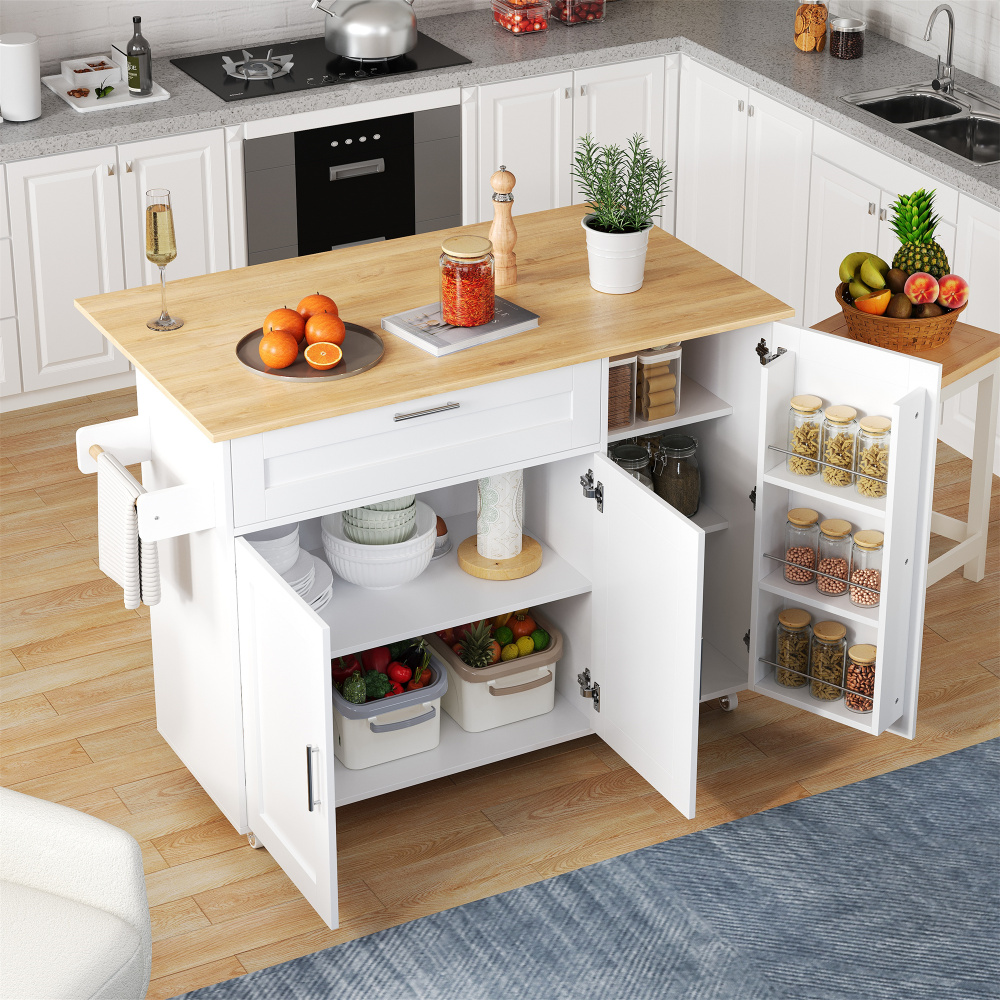 Isla de cocina encimera abatible 2 puertas blanco natural 90x132,5x44-70cm