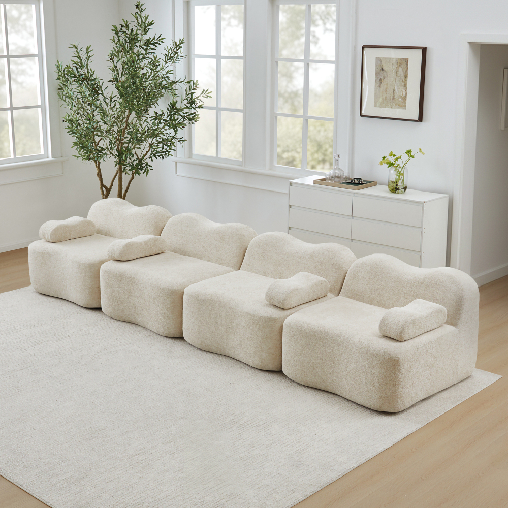 Sofá modular en l 4 plazas terciopelo beige asiento profundo brazo móvil