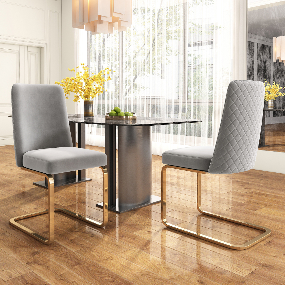 Silla de comedor de terciopelo gris set de 2 con patas metálicas doradas
