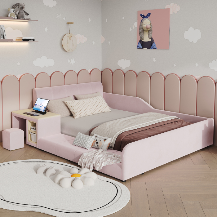 Cama tapizada infantil 140x200cm con escritorio y taburete terciopelo rosa