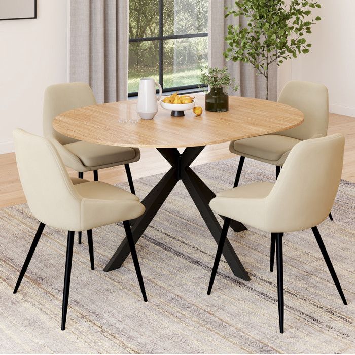 Mesa redonda extensible - 4 sillas de terciopelo beige - 110-150 cm