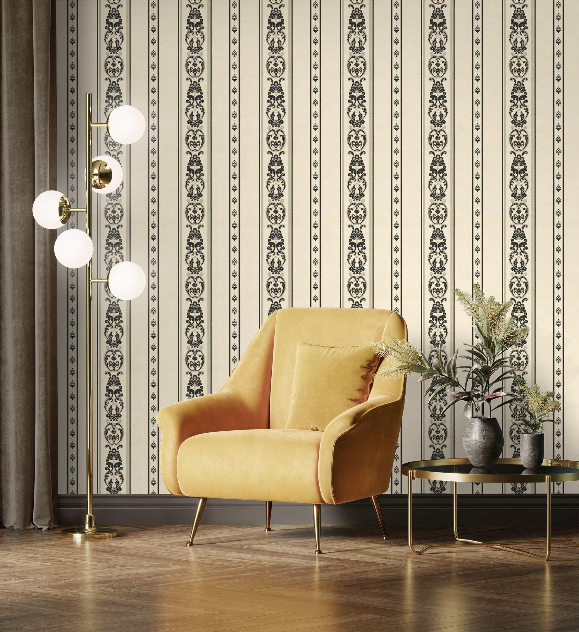 Papel pintado gaulan de rayas con cadenetas barrocas textura de 10.6m²