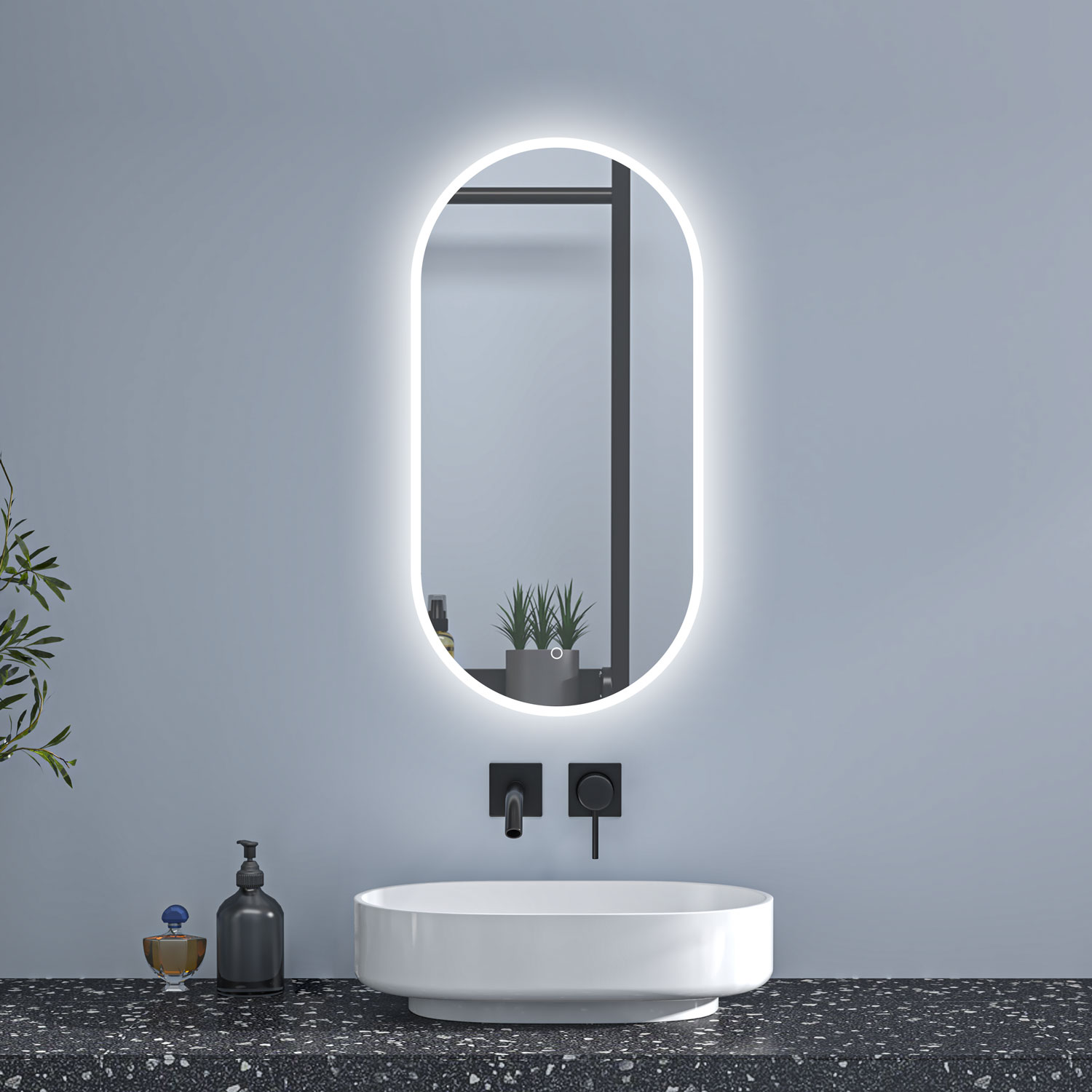 Espejo de baño LED 450 x 900 mm, ovalado, antivaho, luminosidad regulable