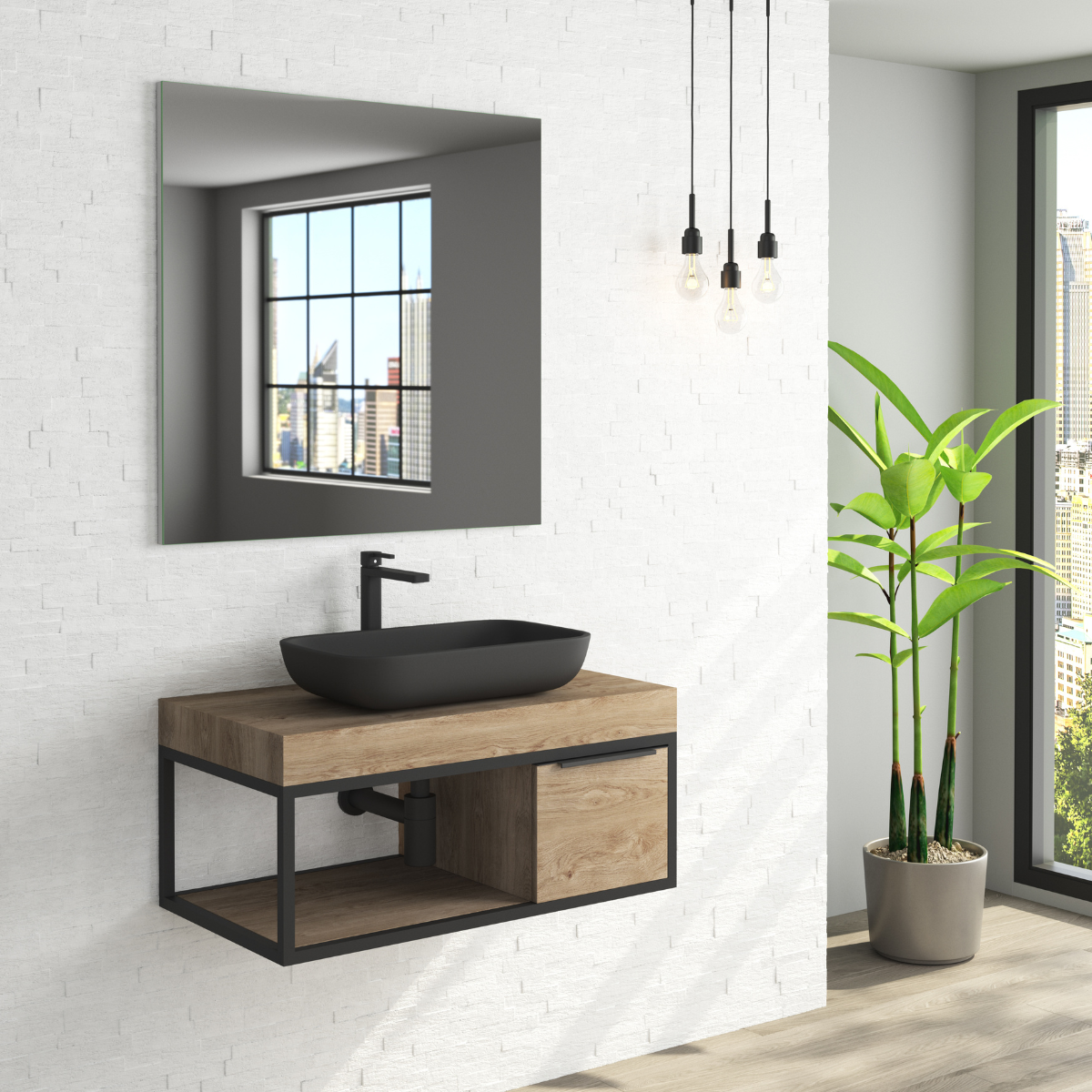 Mueble baño suspendido encimera | 100cm | incluye estante inferior y cajón