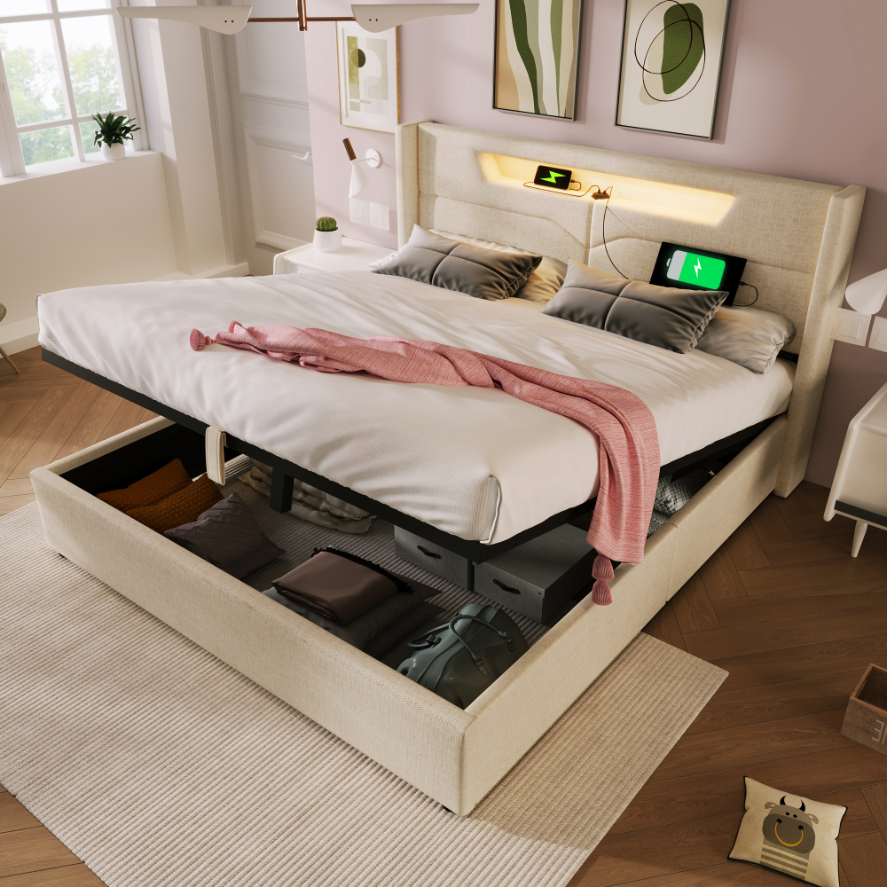 Cama tapizada 140x200cm con LED, usb y canapé de almacenamiento lino beige