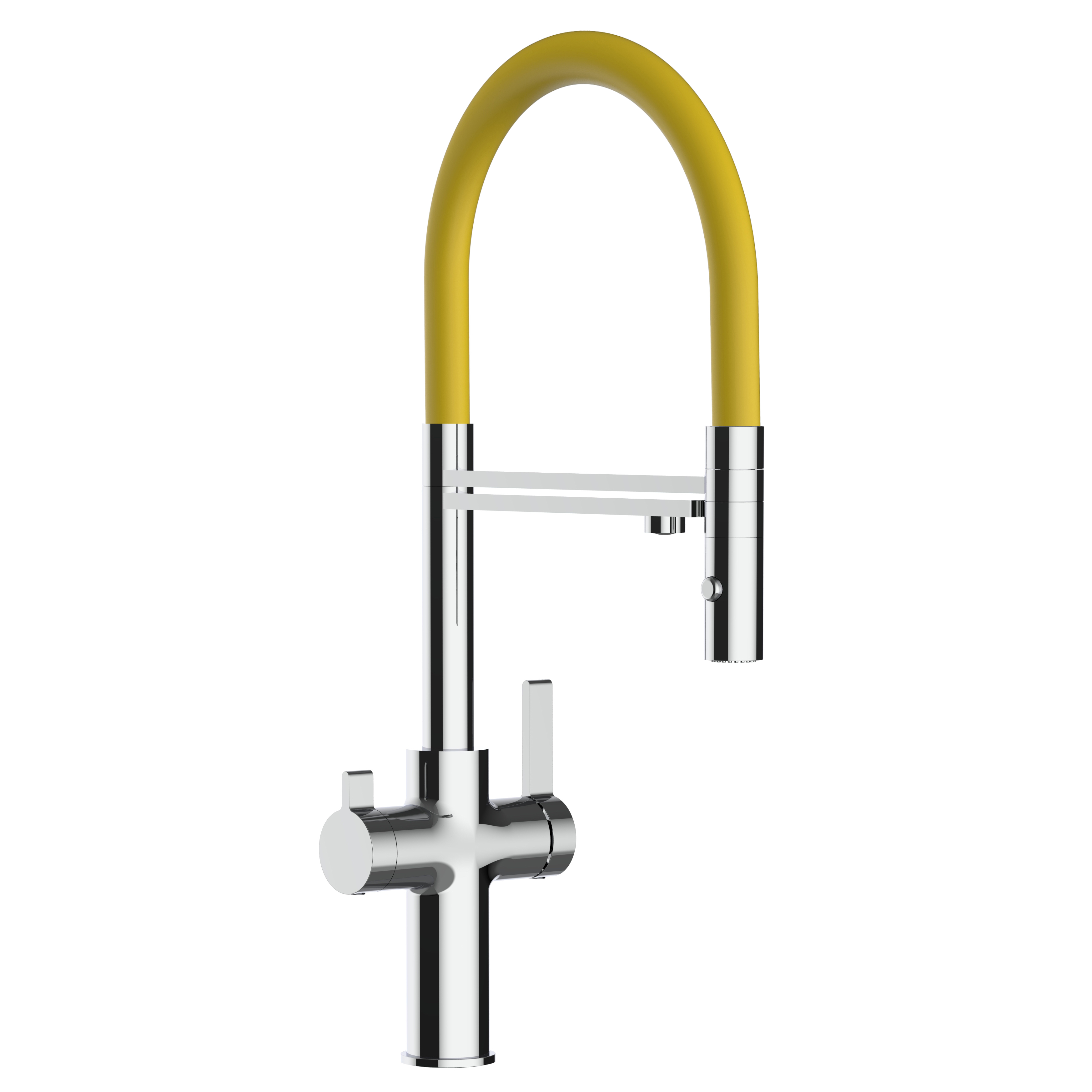 Grifo cocina 4 vías cromado caño giratorio amarillo ducha 2chorros, FC