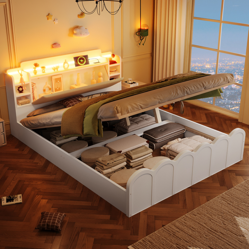 Cama tapizada 140x200 cm con canapé, LED y usb tipo c pu – color blanco