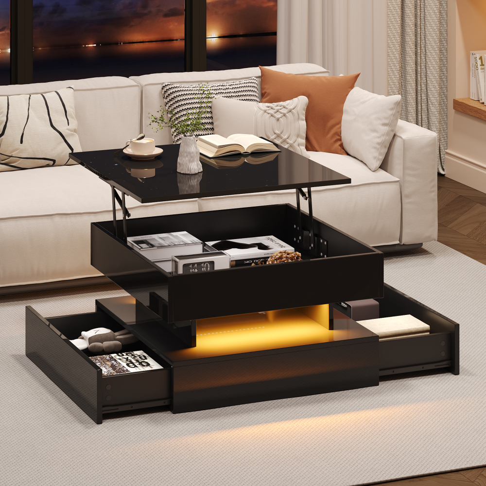 Mesa de centro elevable con LED y 2 cajones negro 38,5x65x65cm