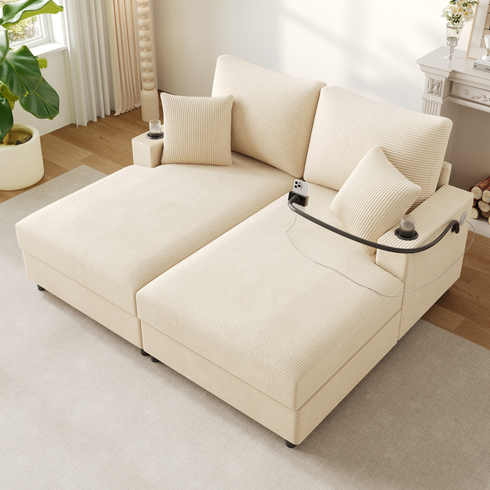 Sofá 2 plazas relax pana beige con usb tipo c soporte móvil portavasos