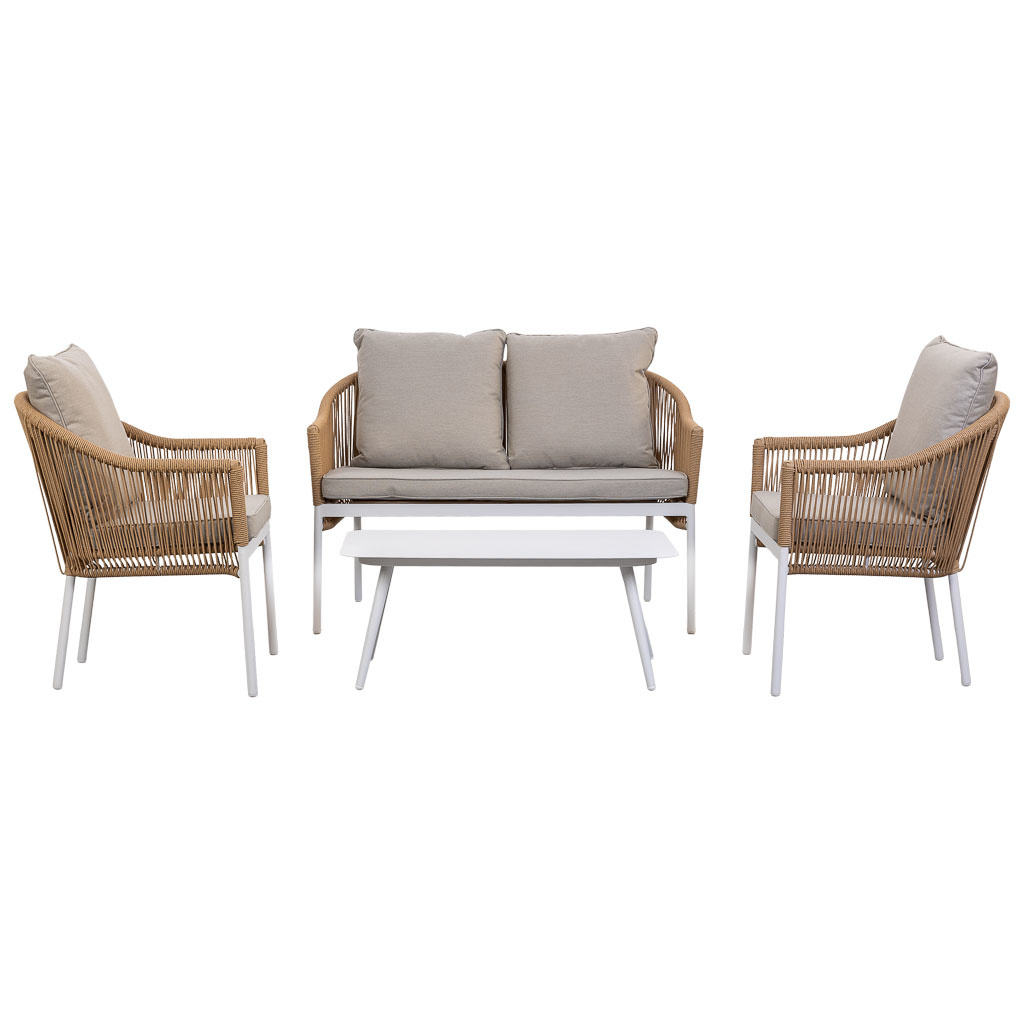 Mesa, sofa y 2 sillones beige 90x50x40, 58x65x84, 117x65x84