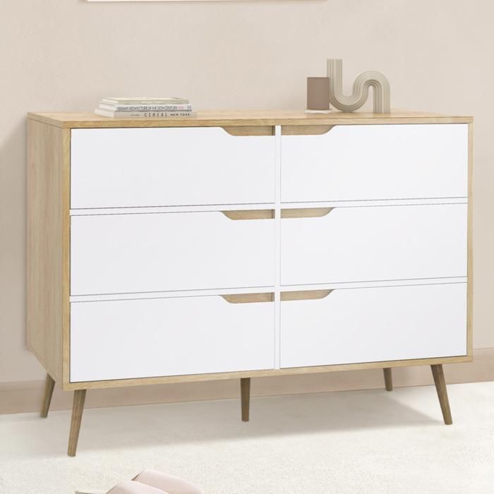 Cómoda escandinava - 6 cajones de madera blanca - 115 cm