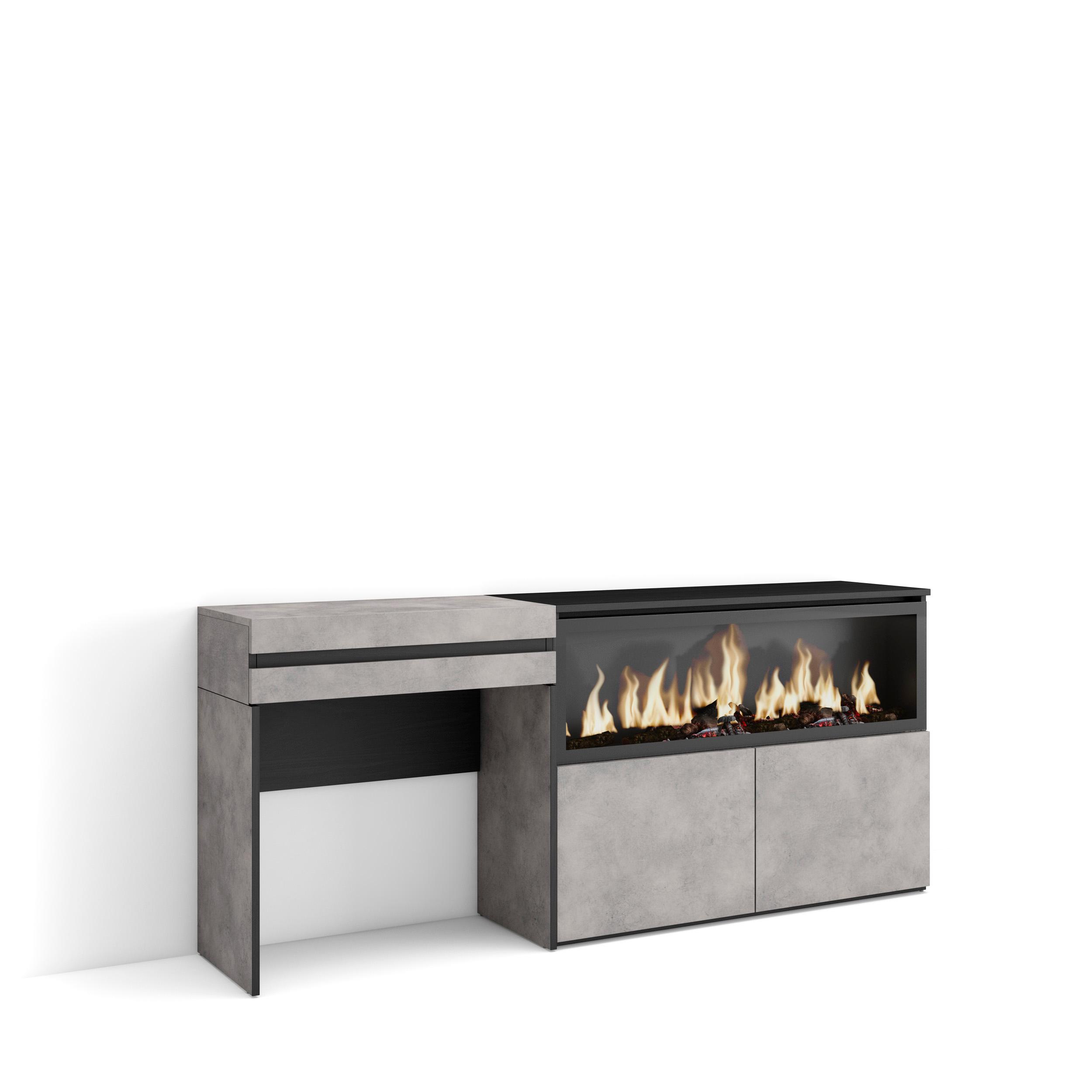 Tocador, 177x35x75cm, cemento, chimenea eléctrica xxl