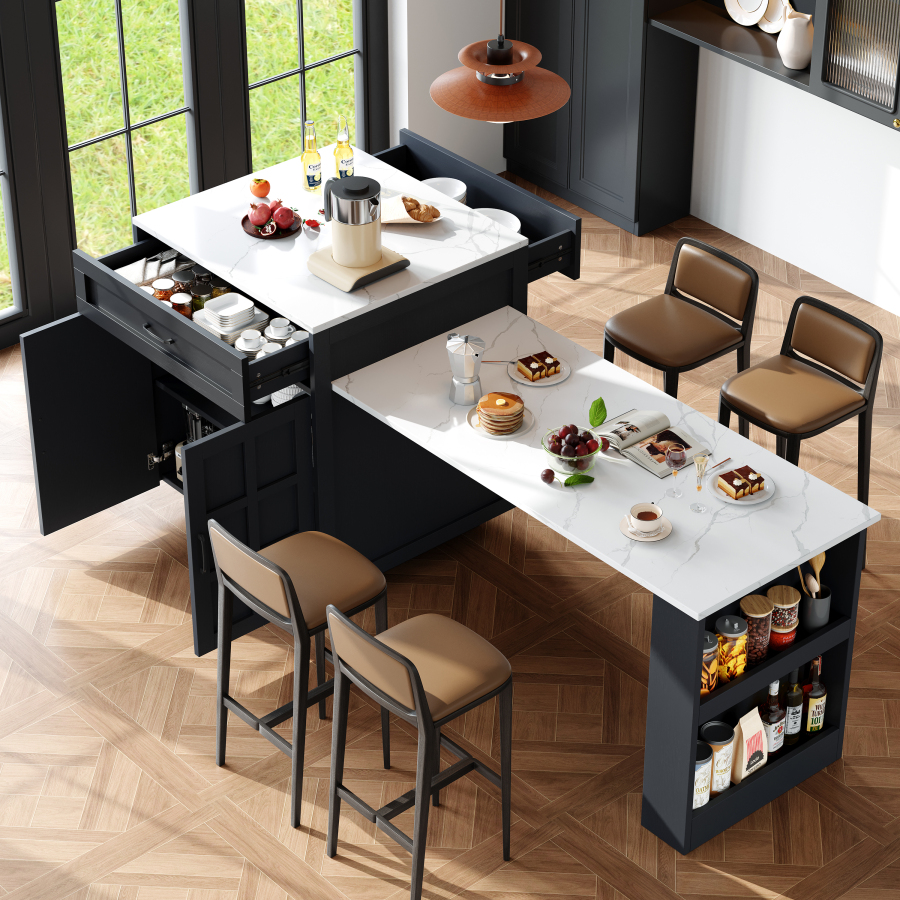 Mesa alta extensible con almacenaje mdf negro 93,5x133-202x70cm