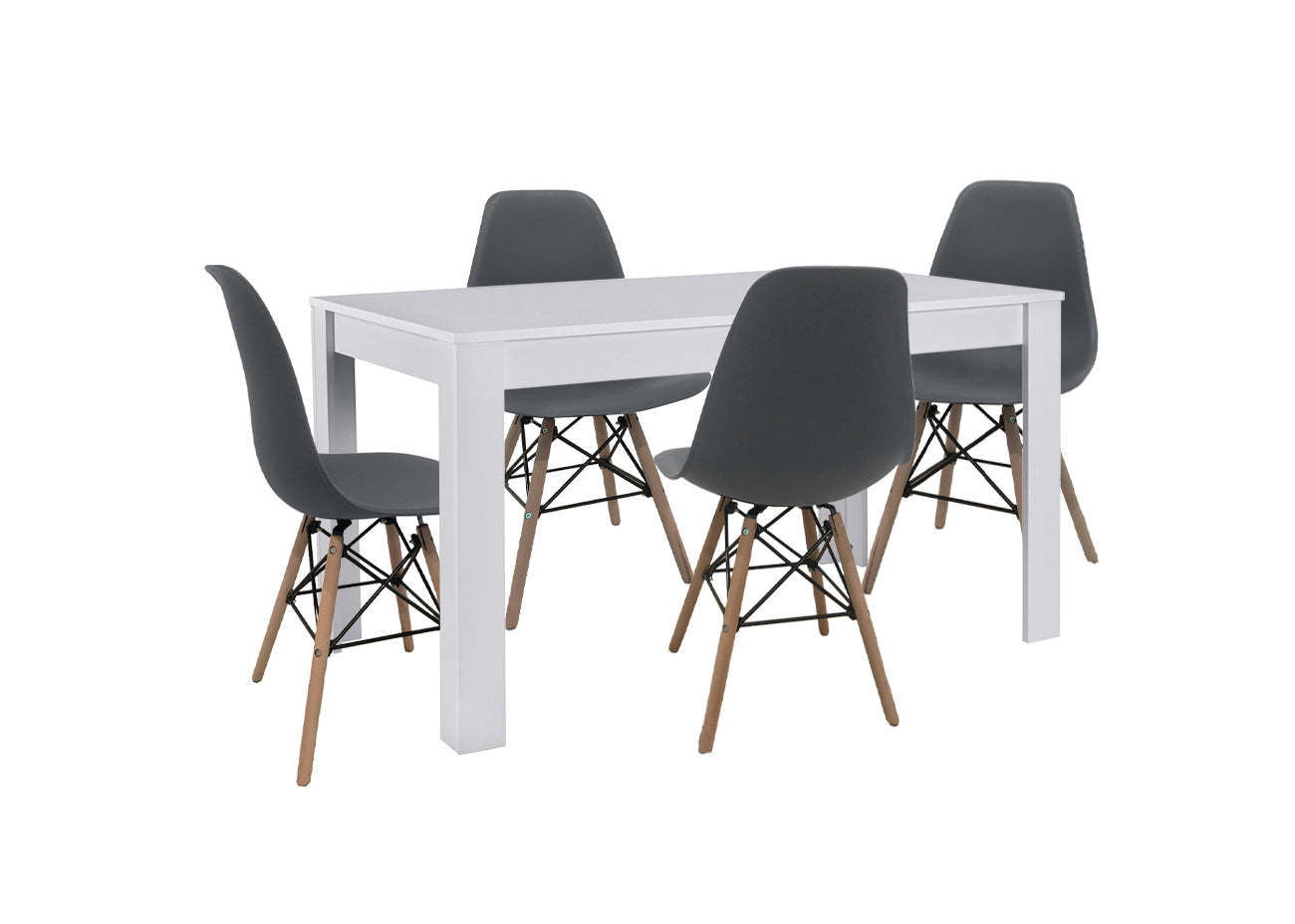 Pack mesa de comedor o cocina blanco + 4 sillas estilo nordico gris