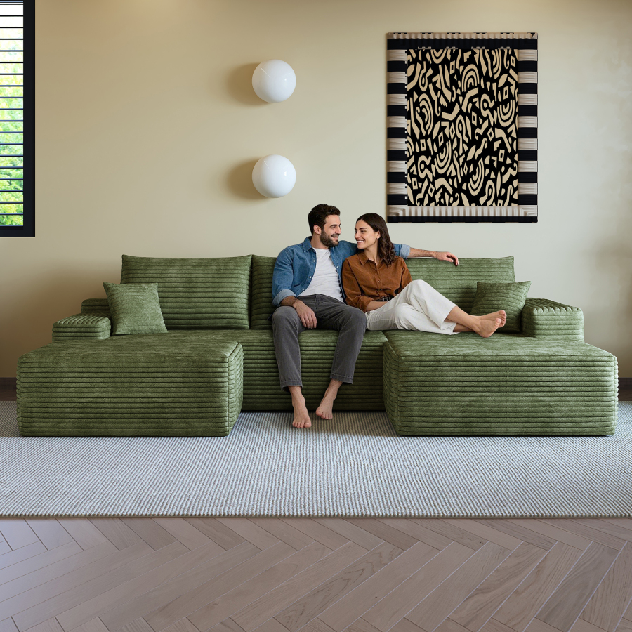 Sofá en l modular de pana verde con chaise longue 270 cm