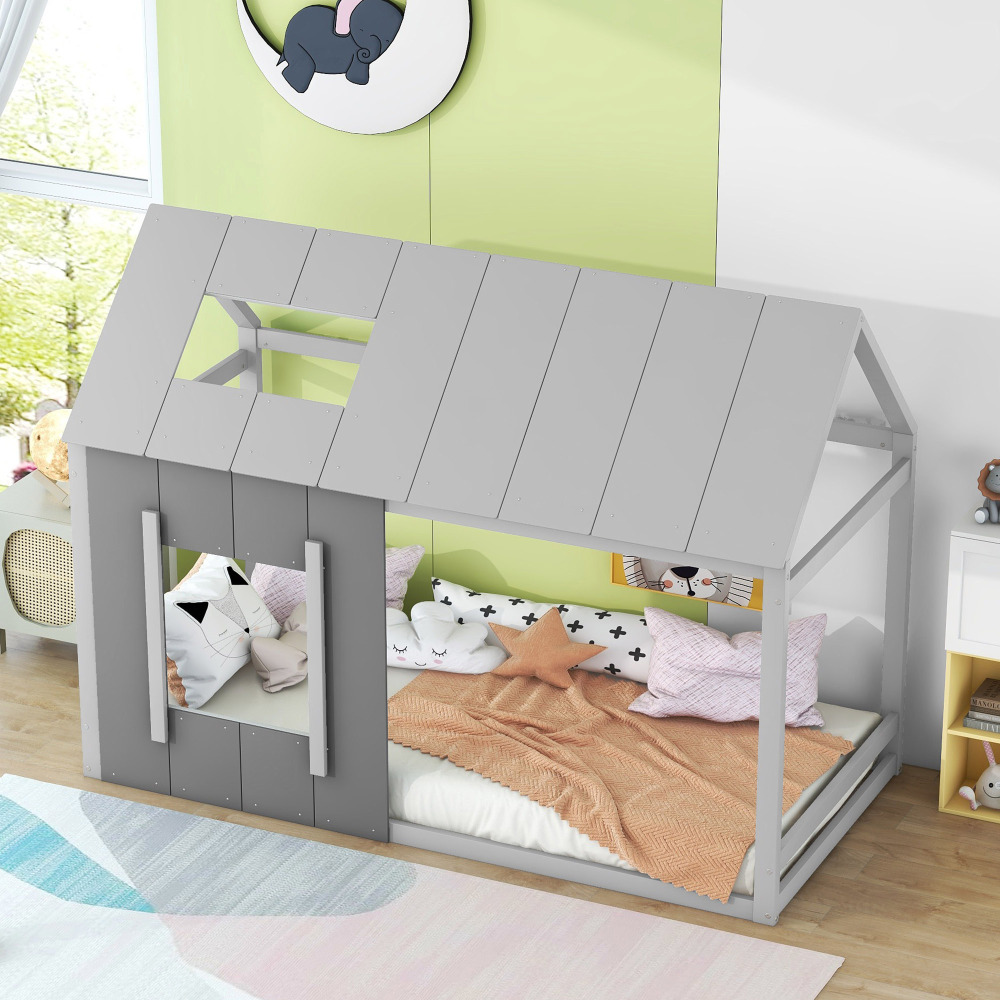 Cama infantil casita 90x200cm con techo y ventana pino y mdf – gris