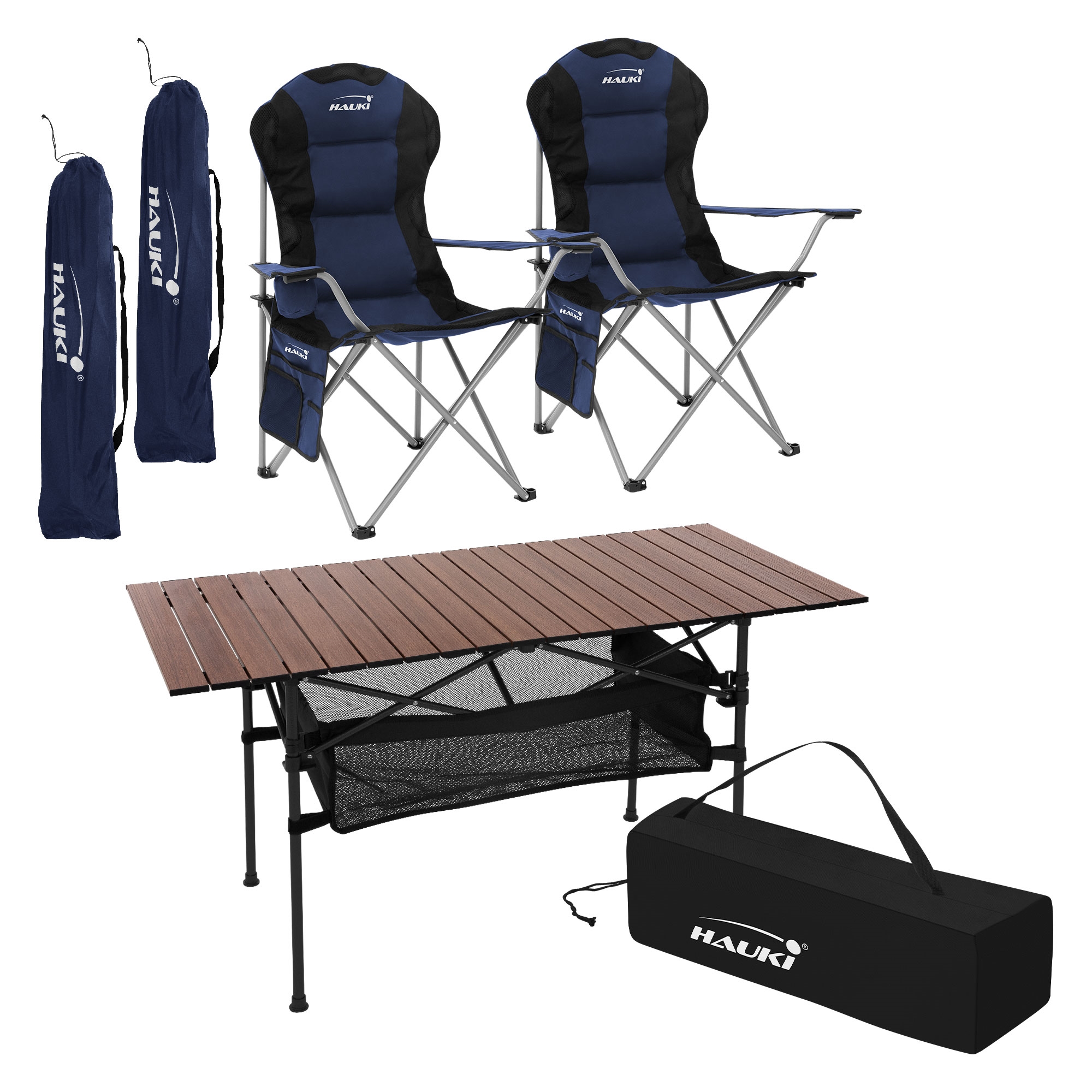 Muebles de camping mesa y 2 sillas azul plegables mobiliario acampada
