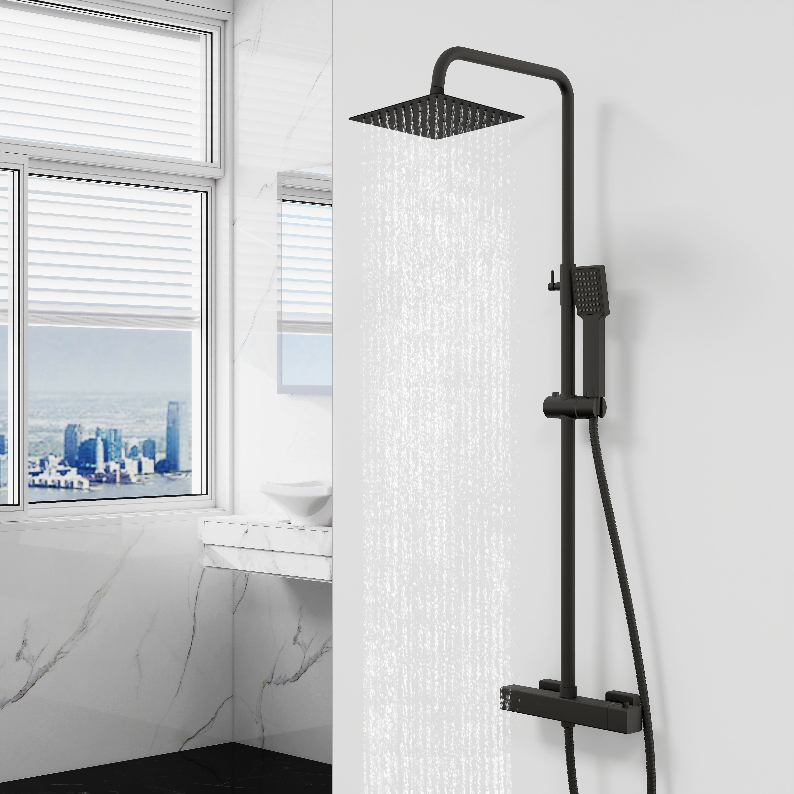 Aica columna de ducha con termostato 20cm alcachofa cuadrado negro