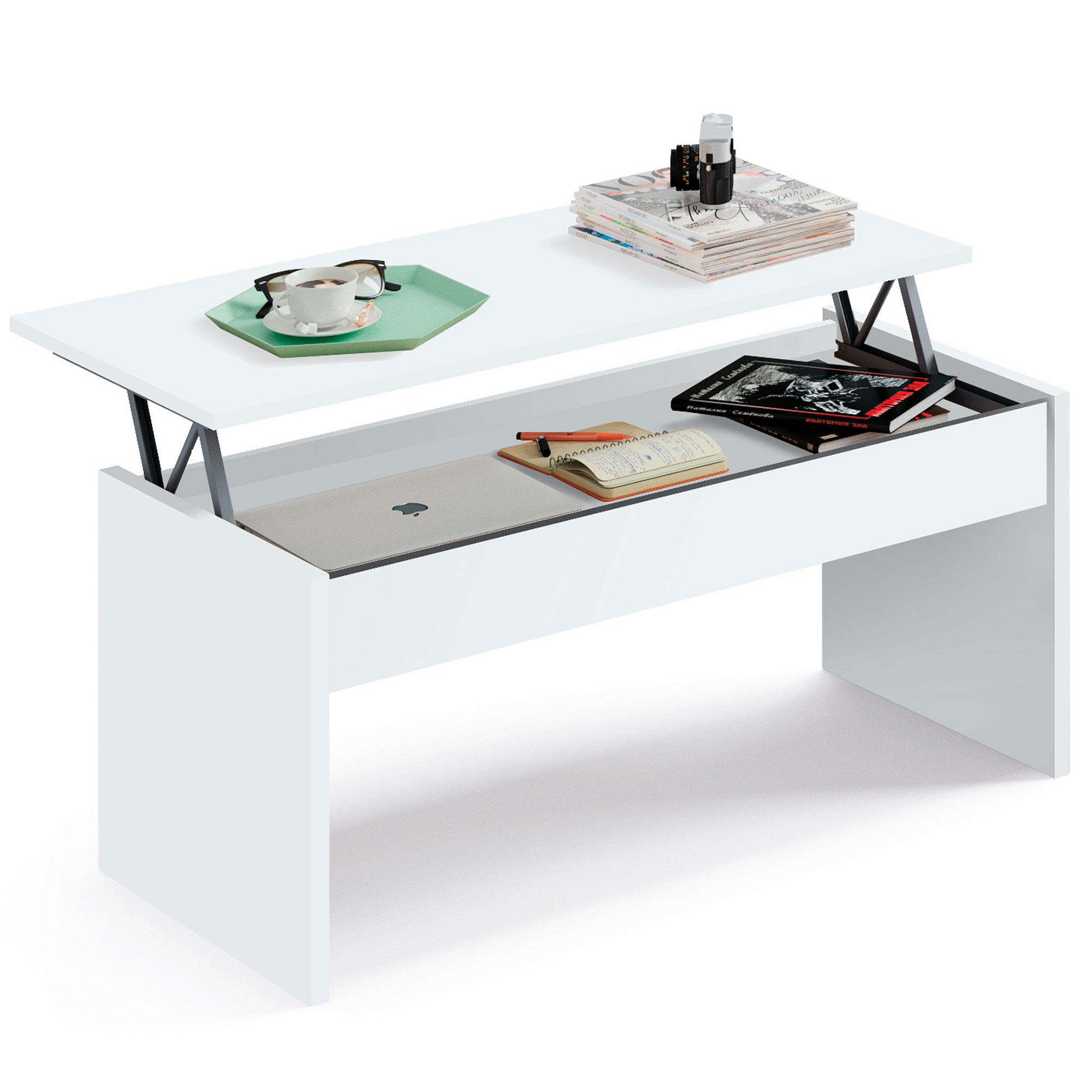 Mesa centro elevable, comedor, salón, mesita briebe opal blanco