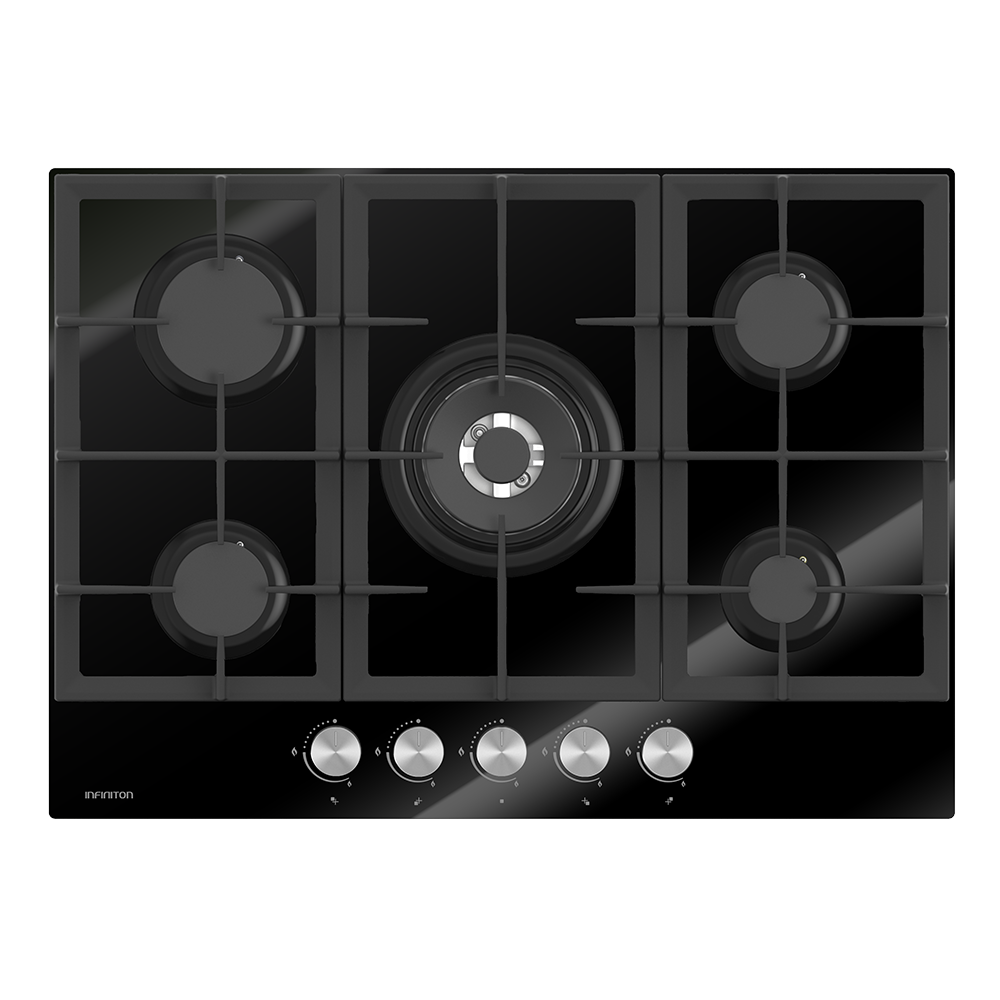 Placa de gas infiniton 78gln52 - cristal negro, 5 fuegos, 70cm