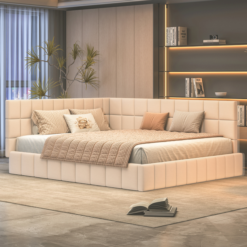 Sofá cama tapizado 160x200cm en terciopelo beige con somier de láminas