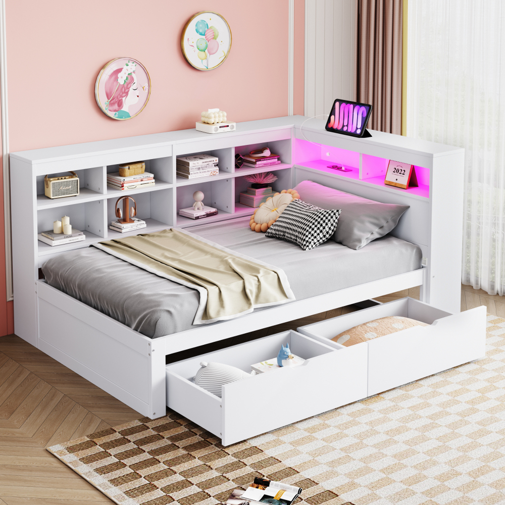 Cama de madera 90x200 cm con usb, LED y almacenaje – color blanco
