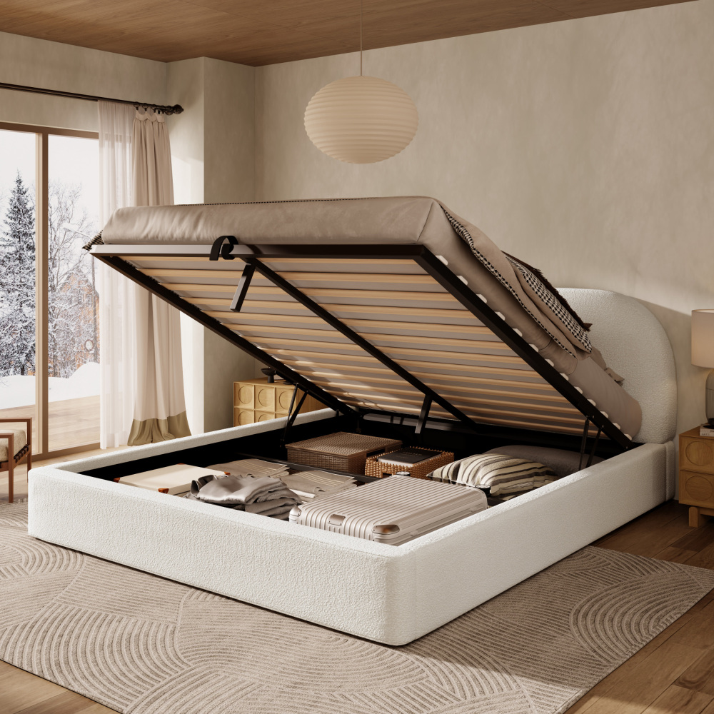 Cama tapizada 180x200cm con canapé hidráulico y somier bouclé – color beige