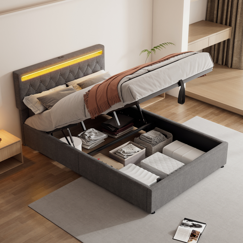 Cama tapizada 140x200cm con LED, usb y canapé de lino – color gris