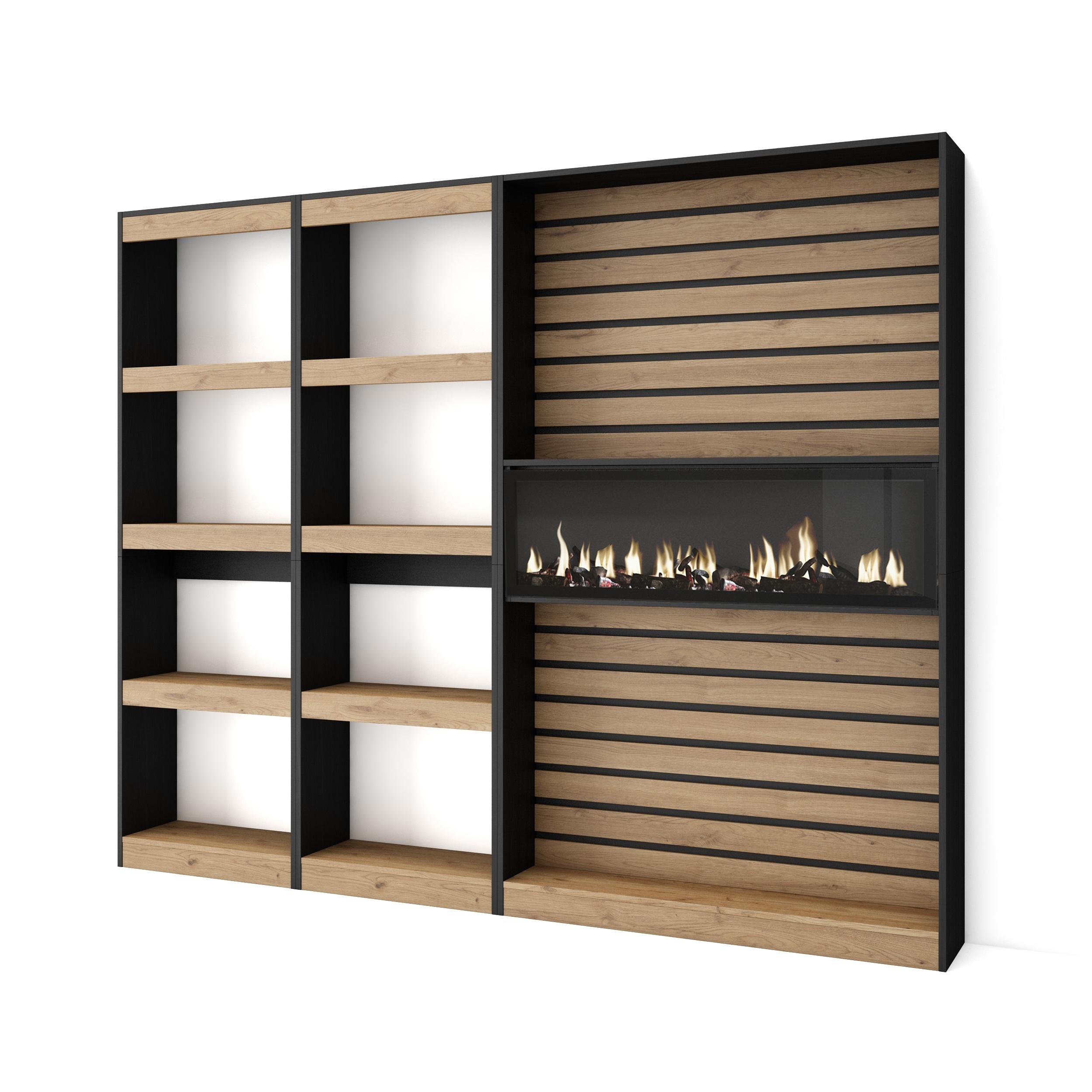 Librería, 230x35x186cm, roble y negro, chimenea eléctrica xxl rf2426