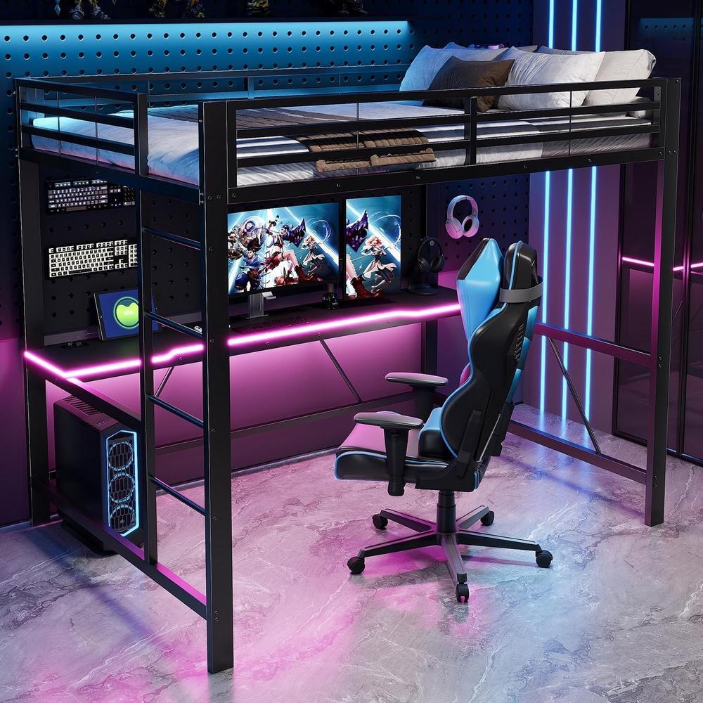 Cama litera gaming metal 140x200cm con escritorio LED rgb usb negro