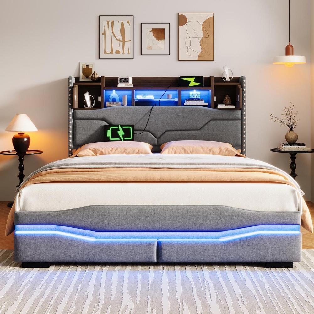 Cama con almacenaje hidráulico con LED y usb-c 140x200cm gris