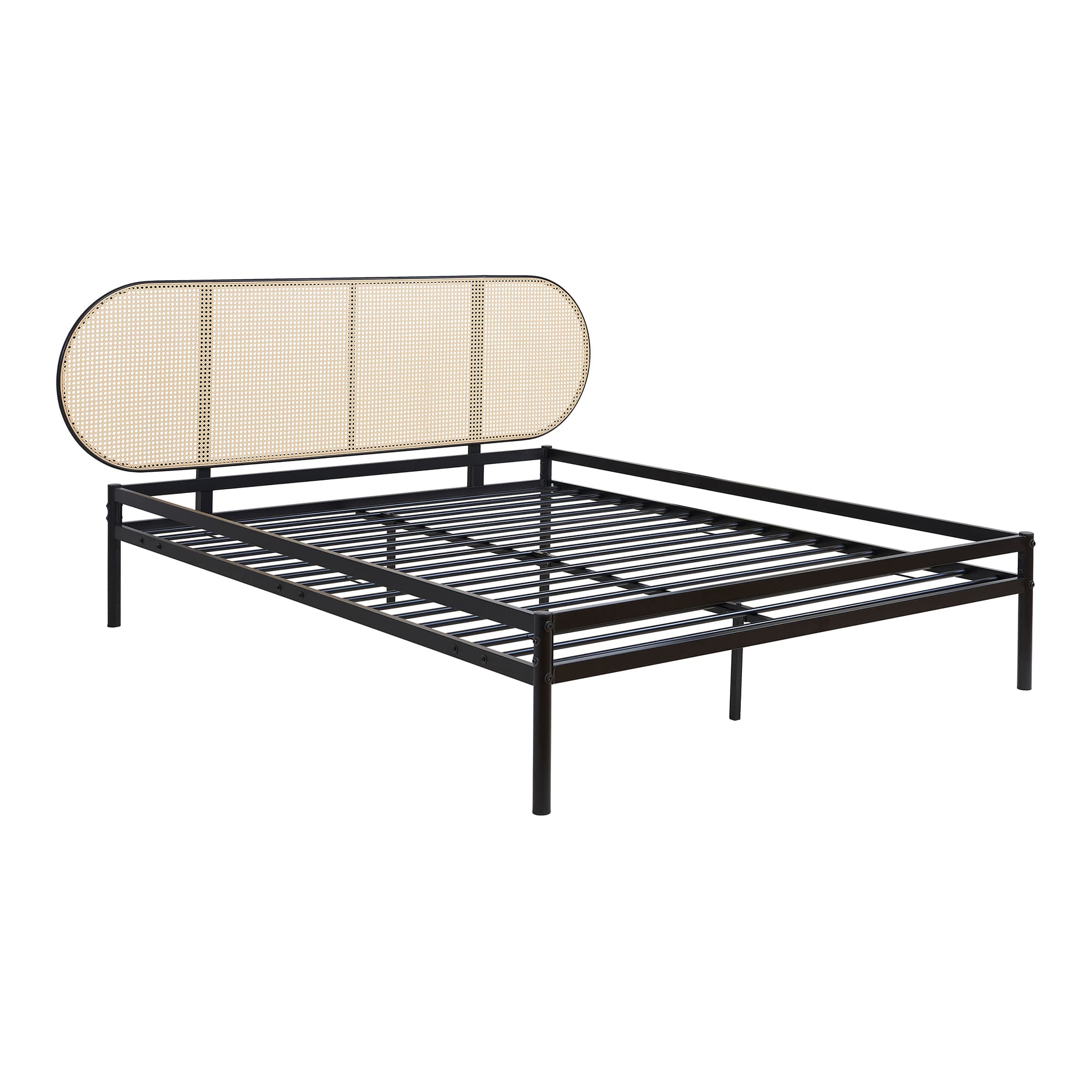 Cama metal linköping cabecero ovalado 160x200cm negro / ratán [en.casa]