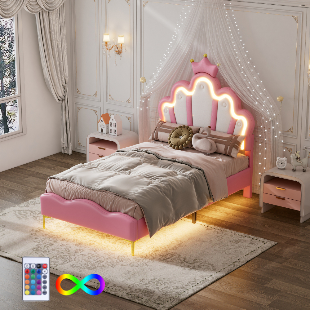 Cama tapizada 90x200cm con LED y cabecero corona pu – color rosa