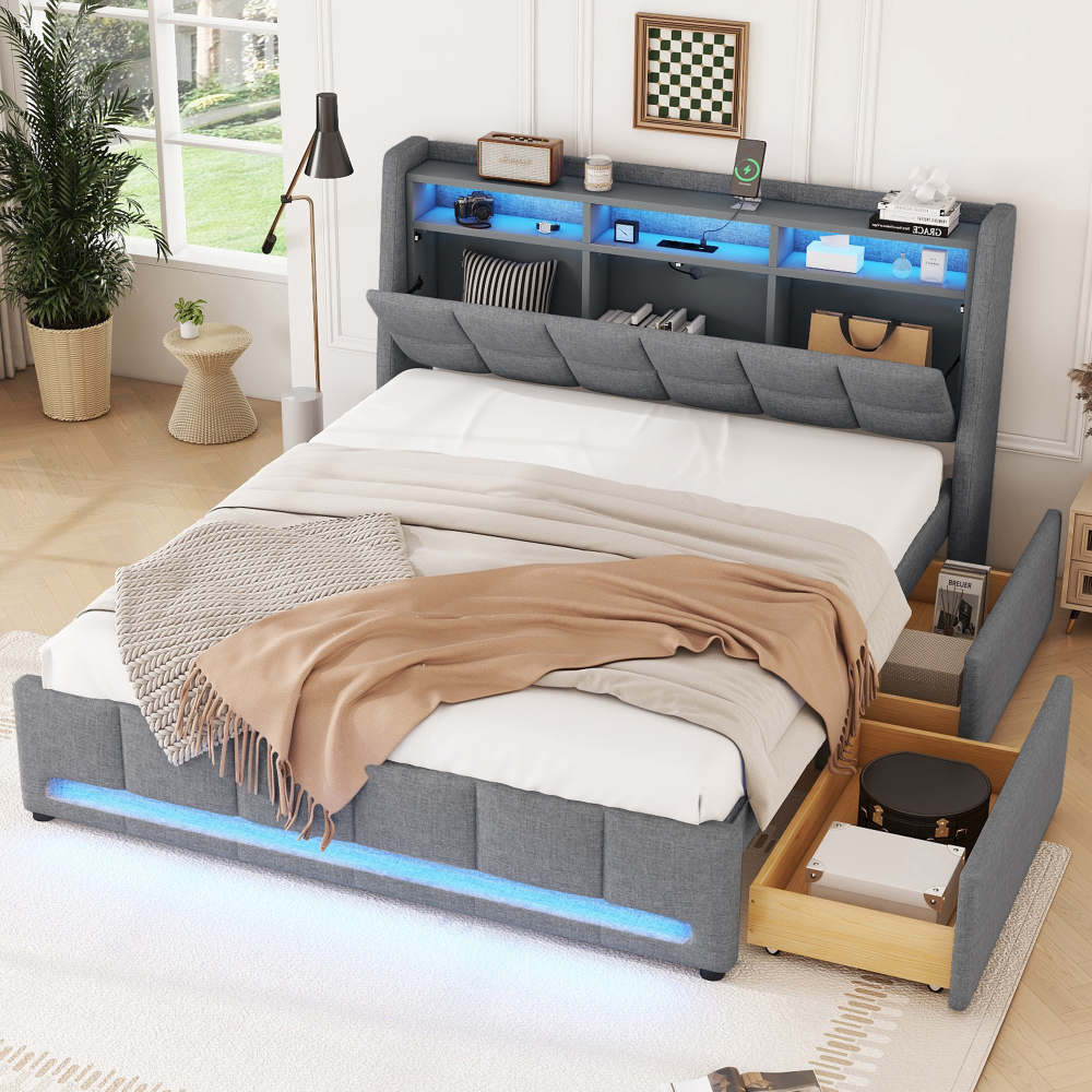Cama tapizada 140x200 cm con LED app, usb y cajones, lino y mdf – gris
