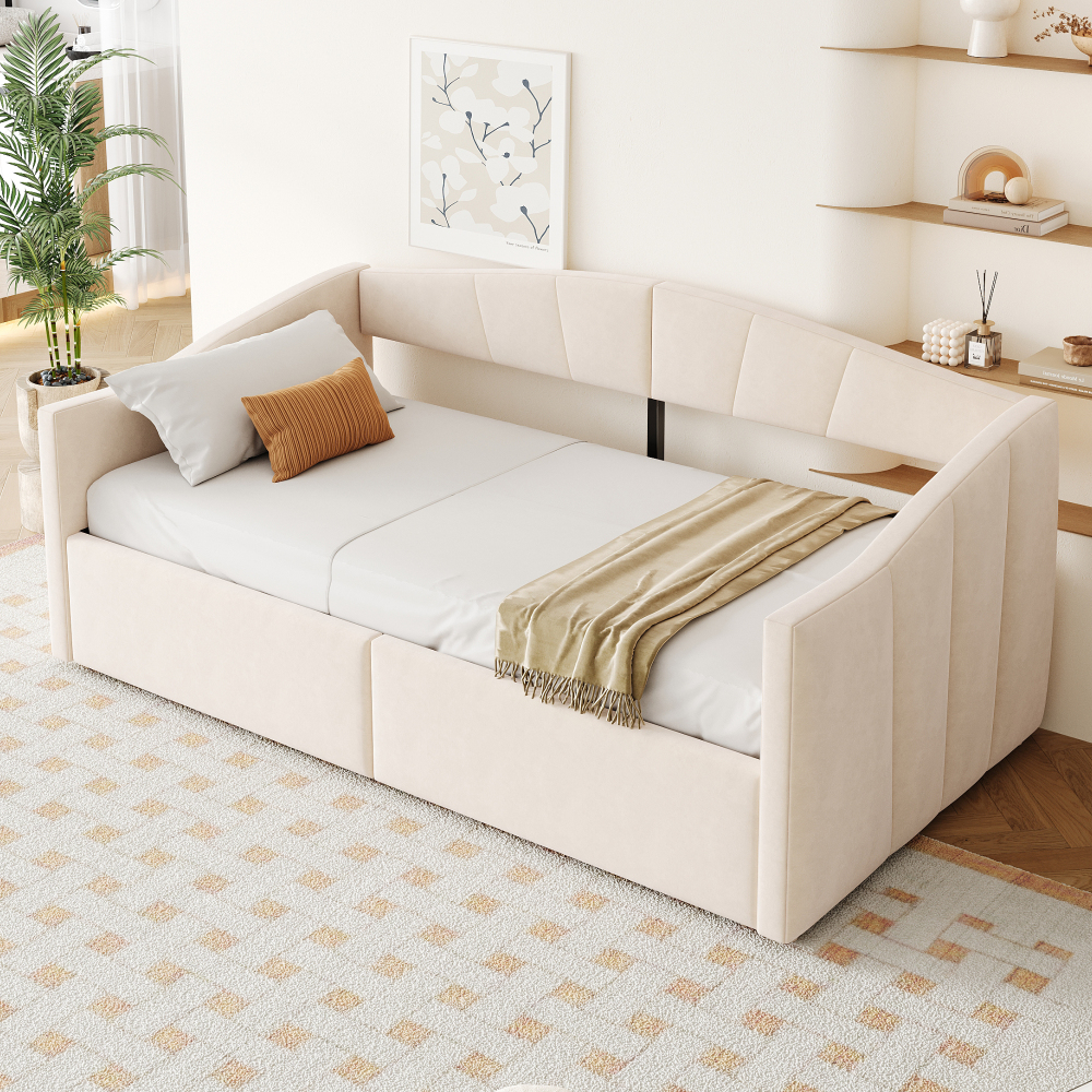 Sofá cama 90x200cm con canapé hidráulico y reposabrazos terciopelo beige
