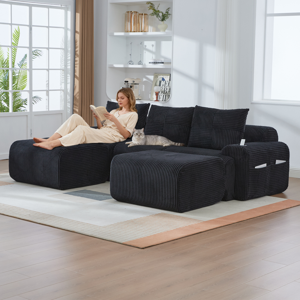 Sofá modular pana negro 3 plazas con 2 pufs portavasos y bolsillo lateral