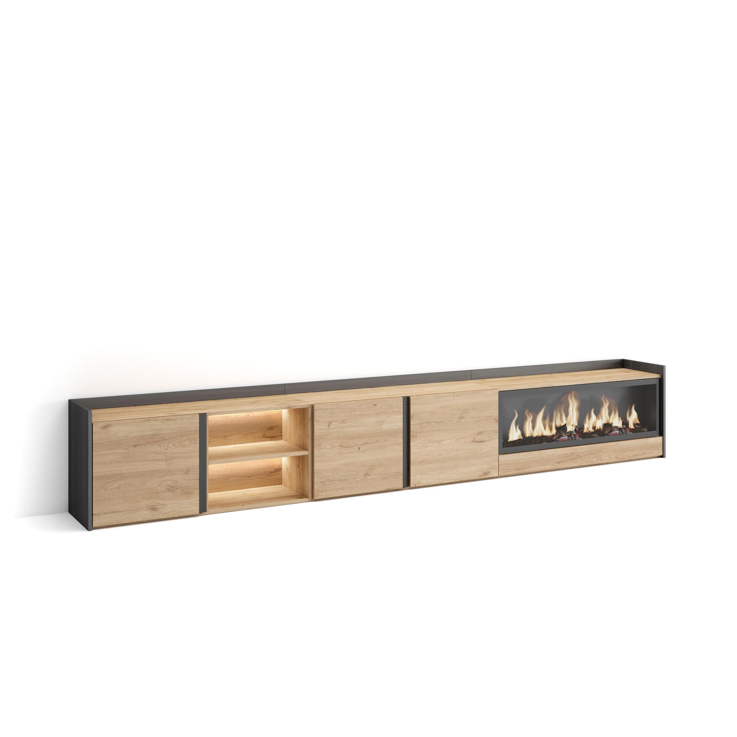 Mueble tv, 315x35x50cm, chimenea eléctrica xxl, LED rf4726