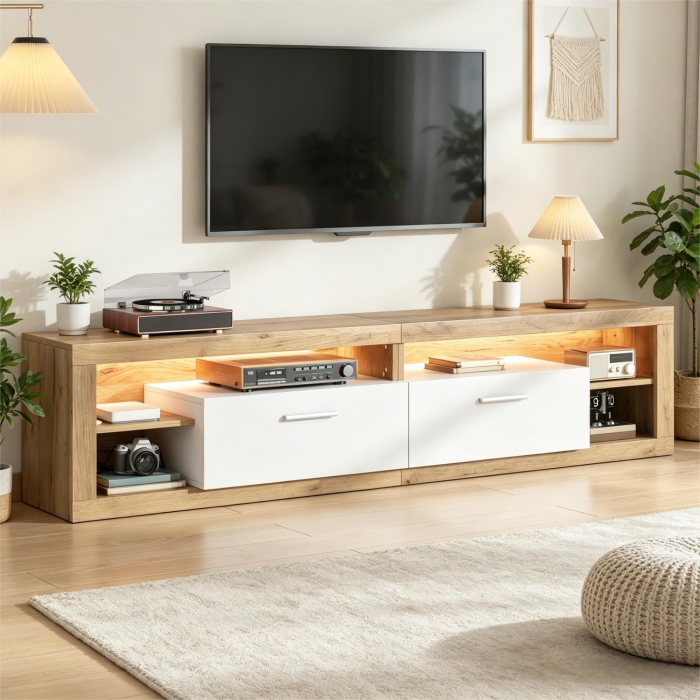 Mueble de tv con LED 2 cajones madera natural 50x180x35,5cm