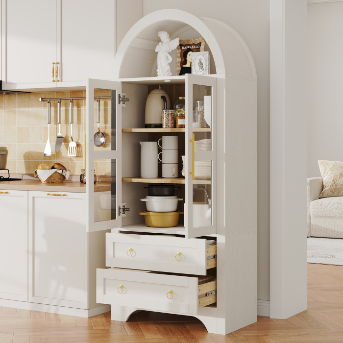 Aparador alto con puertas de cristal y 2 cajones blanco 180x76x40cm